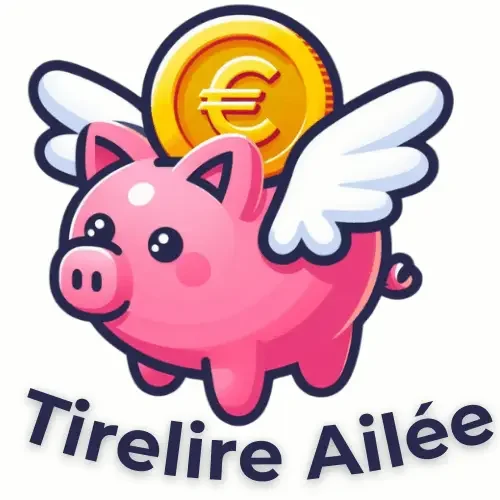 Logo du blog Tirelire Ailée. Représente un cochon rose avec des ailes blanches et une pièce dorée sur laquelle est gravé le symbole "euros"