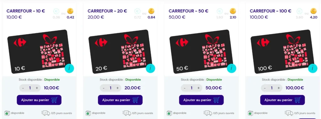 exemple de gain en cashback immédiat ou Emrys Coin avec les cartes cadeau Carrefour