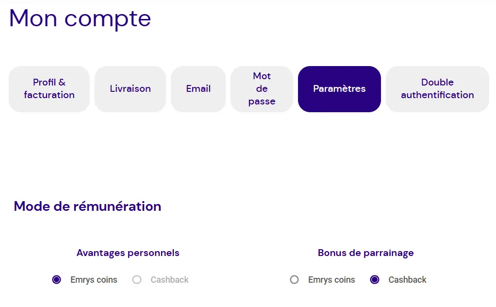 Comment accéder aux paramètres Emrys pour choisir entre cashback immédiat ou Emrys Coin