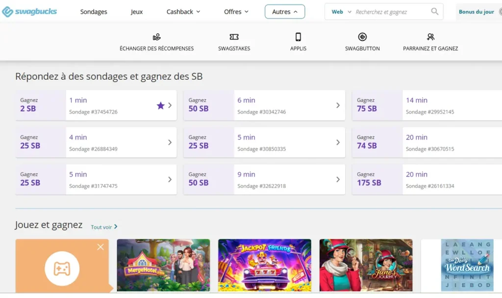 Page d'accueil du site Swagbucks où l'on peut voir une partie des sondages et jeux à faire ainsi que les gains potentiels.