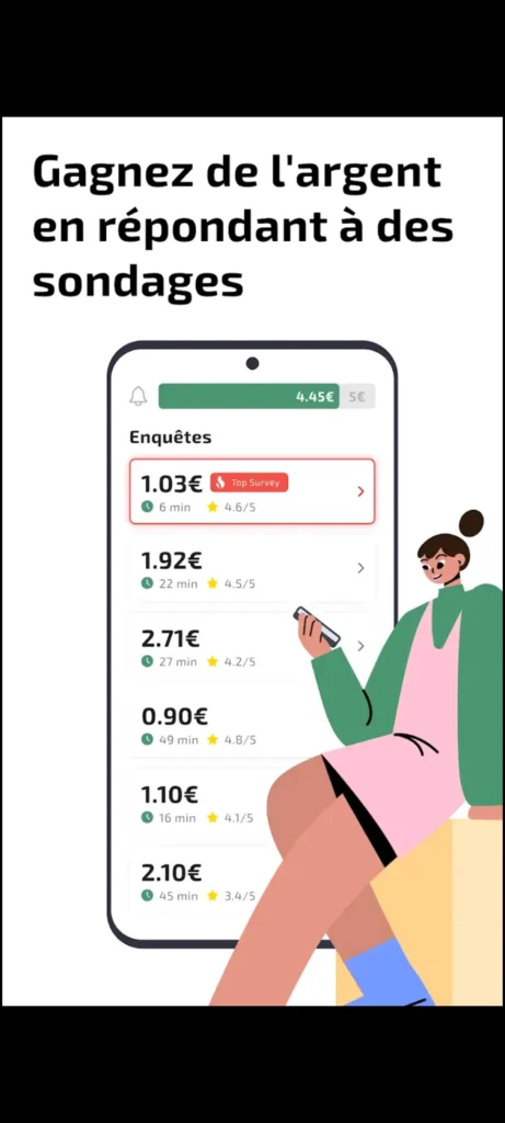 Exemple de sondages rémunérés proposés par l'application Attapoll