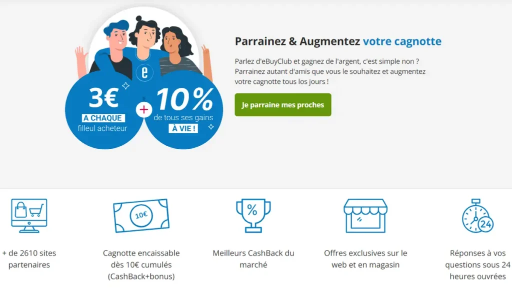 Parrainez vos proches pour gagner plus avec eBuyClub. Gagnez 3€ à chaque inscription et 10% des revenus de votre filleul à vie !