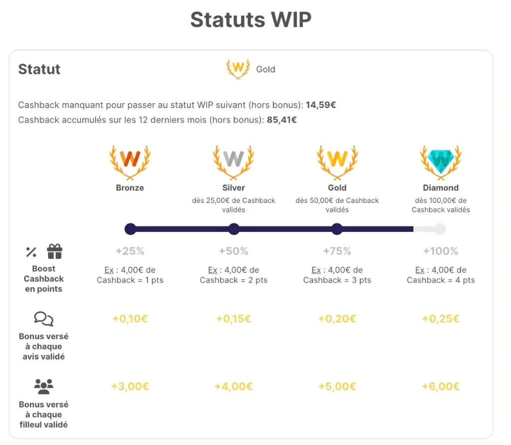 Image qui représente les statuts WIP de Widilo, les avantages de chacun et les conditions pour atteindre le statut supérieur.