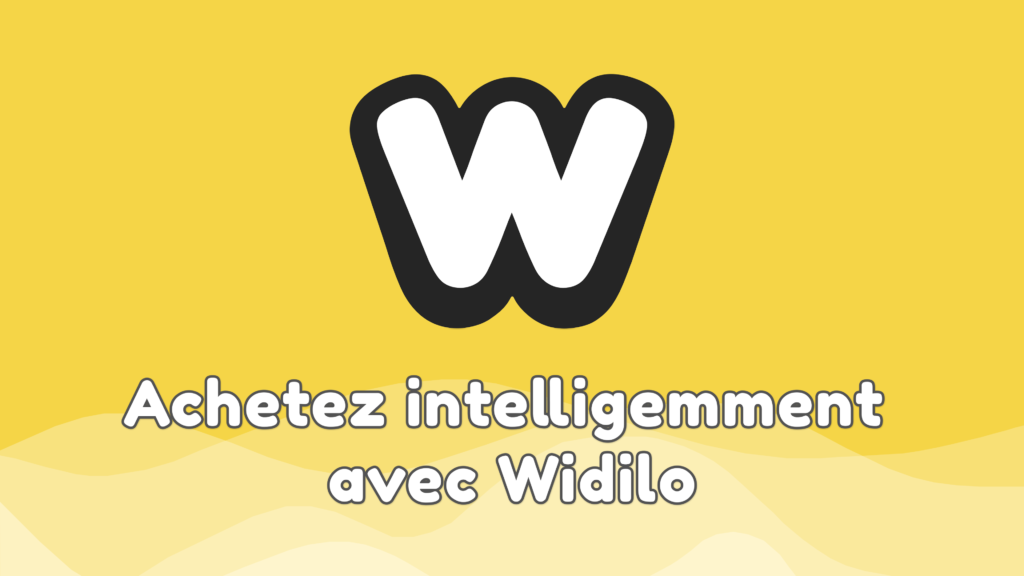 Image de présentation du site de cashback Widilo, représente un W sur fond jaune avec le slogan "achetez intelligemment avec Widilo"