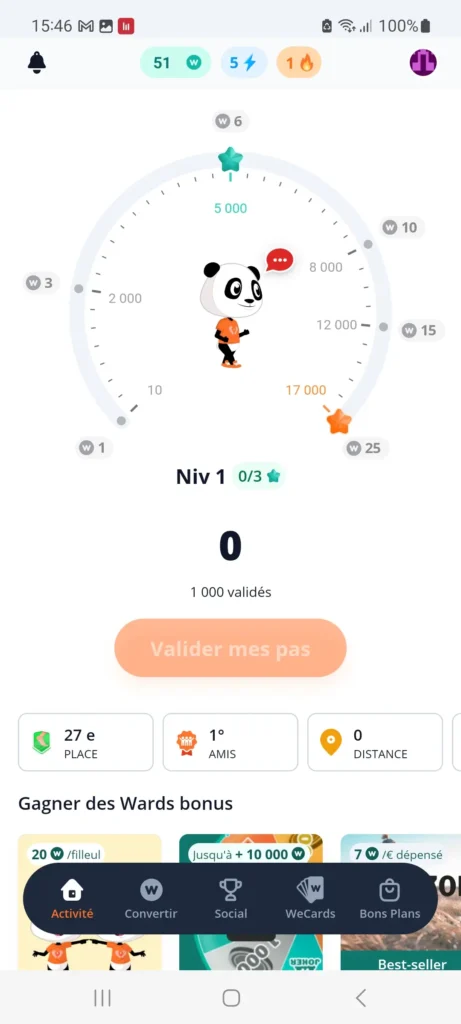 Screenshot de l'application WeWard qui montre le compteur de pas