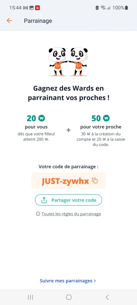 Screenshot de l'application WeWard qui montre un code de parrainage permettant de gagner 20 Wards bonus.